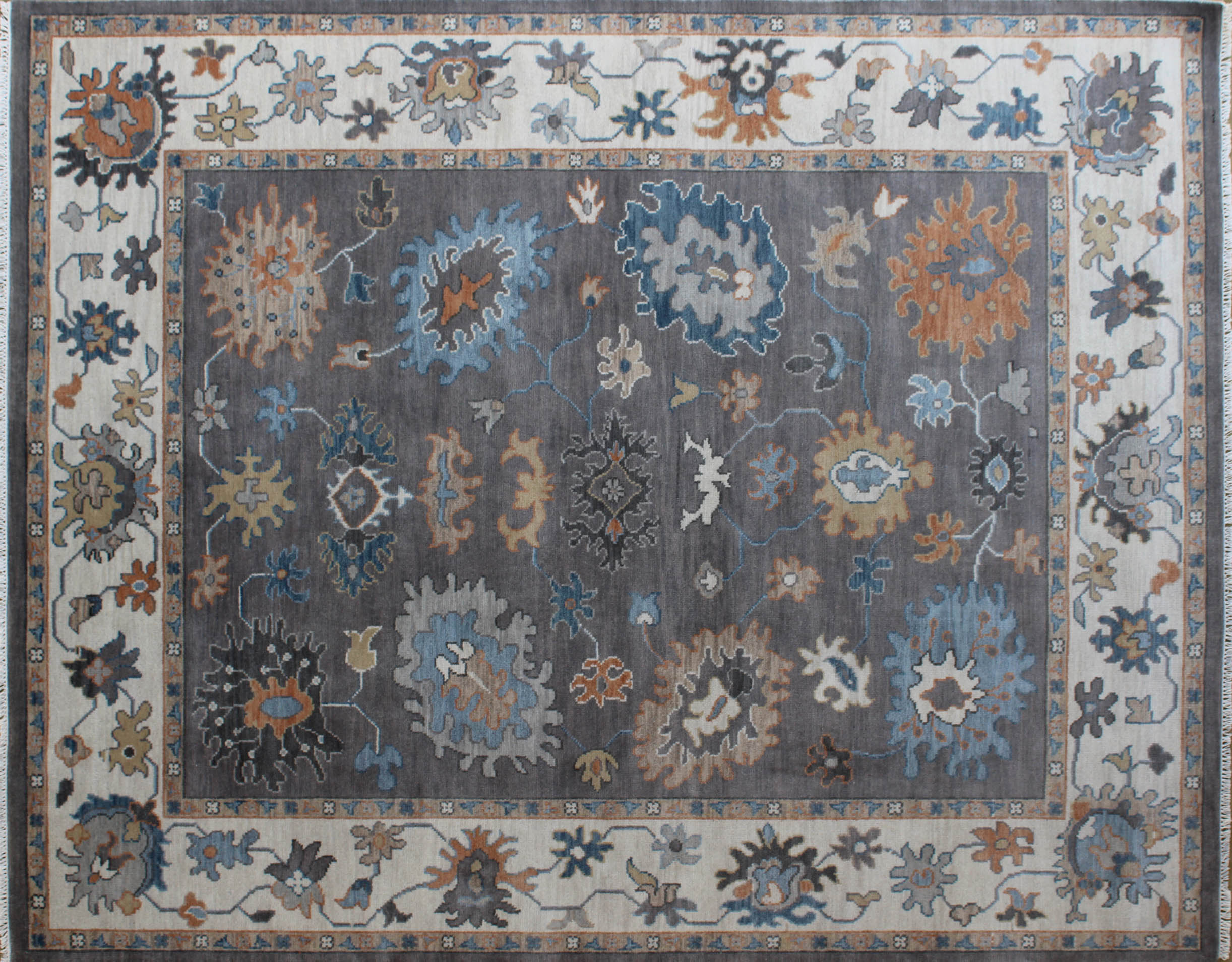Oushak Gray and Ivory Floral Rug 8ft x 10ft - Handknotted Carpet Manufacturer Mirzapur